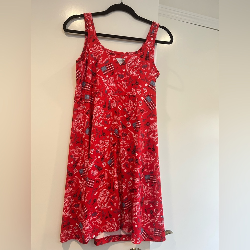 Columbia PFG Midway Bay Red Spark Americana Fish Print Omni-Wick Freeze Dress M - Picture 7 of 9